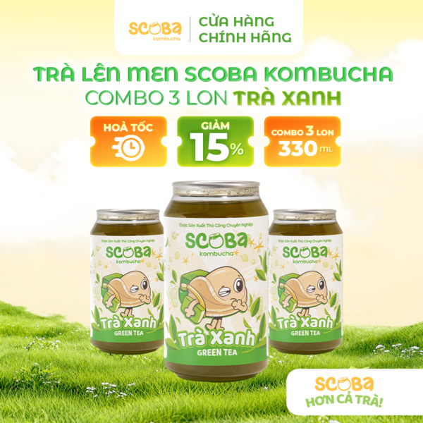 Combo 3 lon Trà lên men Scoba Kombucha - Thanh lọc cơ thể - Vị TRÀ XANH - 330ml